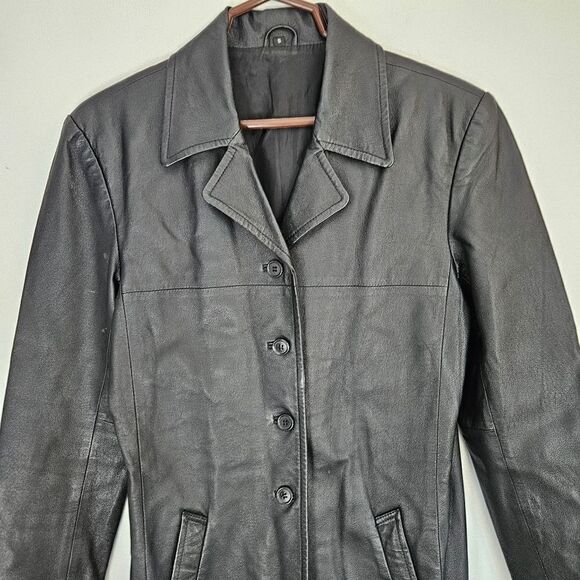 Vintage Black Leather Long Line Midi Length Button Front Duster Jacket Coat S - Picture 7 of 13